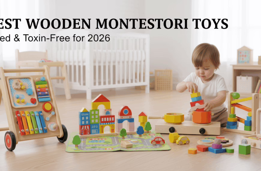 A horizontal banner image showcasing a diverse collection of wooden Montessori toys for toddlers, including a colorful counting abacus, a natural wood stacking rings toy, a wooden shape puzzle board, and a wooden sensory teether rattle, all arranged on a bright, minimalist surface to emphasize their toxin-free, educational design.