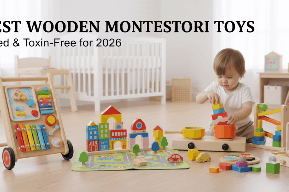 A horizontal banner image showcasing a diverse collection of wooden Montessori toys for toddlers, including a colorful counting abacus, a natural wood stacking rings toy, a wooden shape puzzle board, and a wooden sensory teether rattle, all arranged on a bright, minimalist surface to emphasize their toxin-free, educational design.