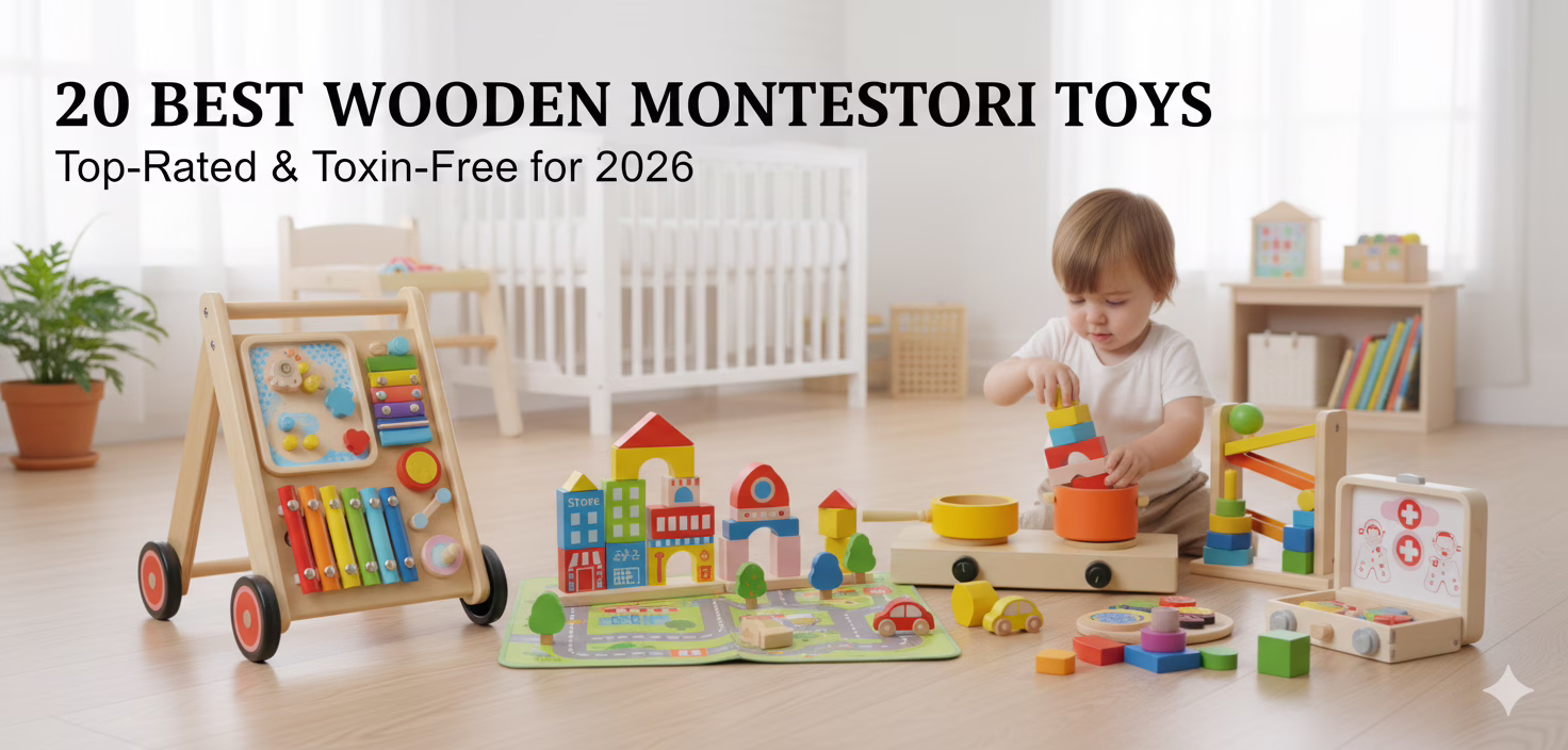 A horizontal banner image showcasing a diverse collection of wooden Montessori toys for toddlers, including a colorful counting abacus, a natural wood stacking rings toy, a wooden shape puzzle board, and a wooden sensory teether rattle, all arranged on a bright, minimalist surface to emphasize their toxin-free, educational design.
