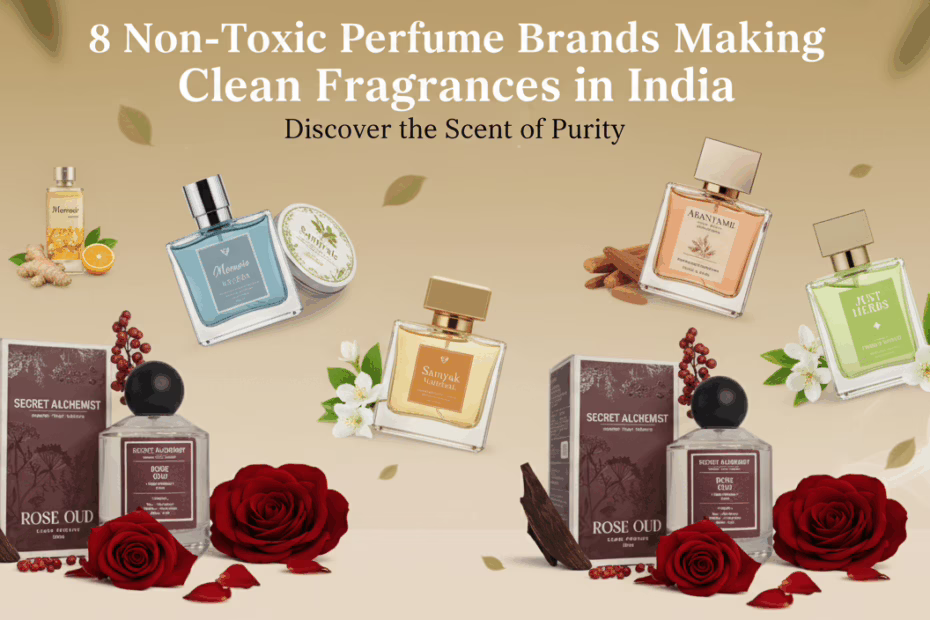 8 non-toxic clean perfume brands in India, featuring organic solid balms and liquid EDPs for men and women.