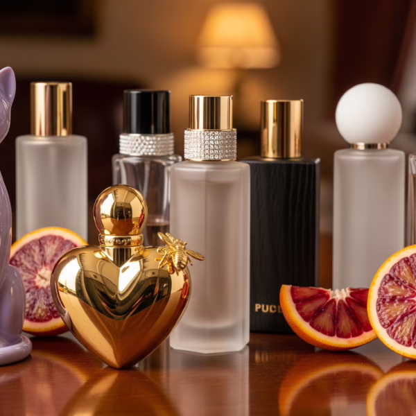 A collection of eight luxury natural perfume bottles, including the purple cat-shaped Katy Perry Meow! and a golden heart-shaped bottle, arranged on a wooden table with fresh red roses and sliced blood oranges.