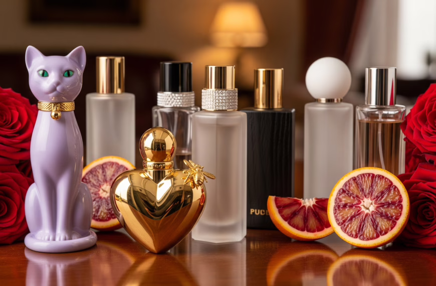 A collection of eight luxury natural perfume bottles, including the purple cat-shaped Katy Perry Meow! and a golden heart-shaped bottle, arranged on a wooden table with fresh red roses and sliced blood oranges.