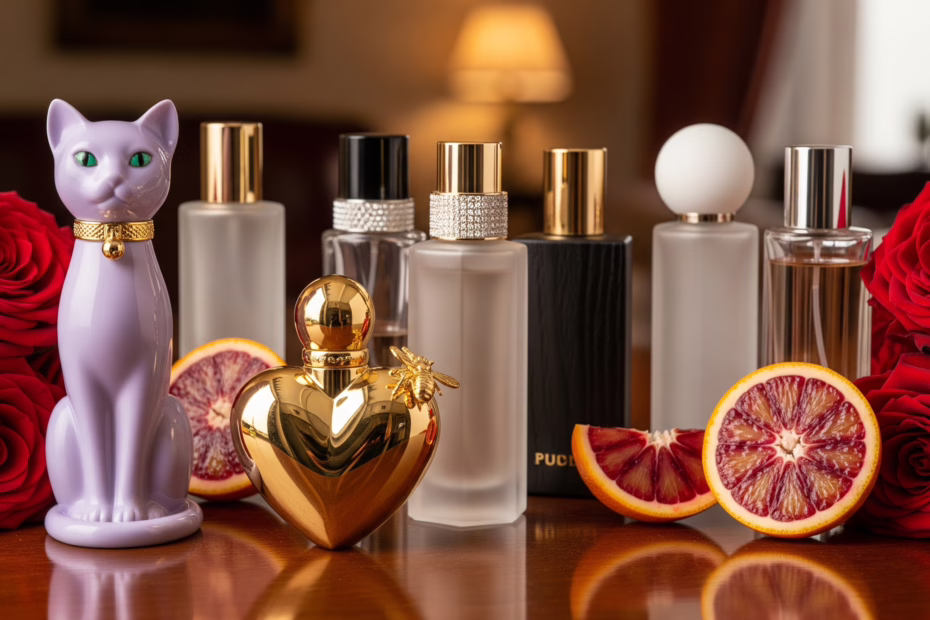 A collection of eight luxury natural perfume bottles, including the purple cat-shaped Katy Perry Meow! and a golden heart-shaped bottle, arranged on a wooden table with fresh red roses and sliced blood oranges.
