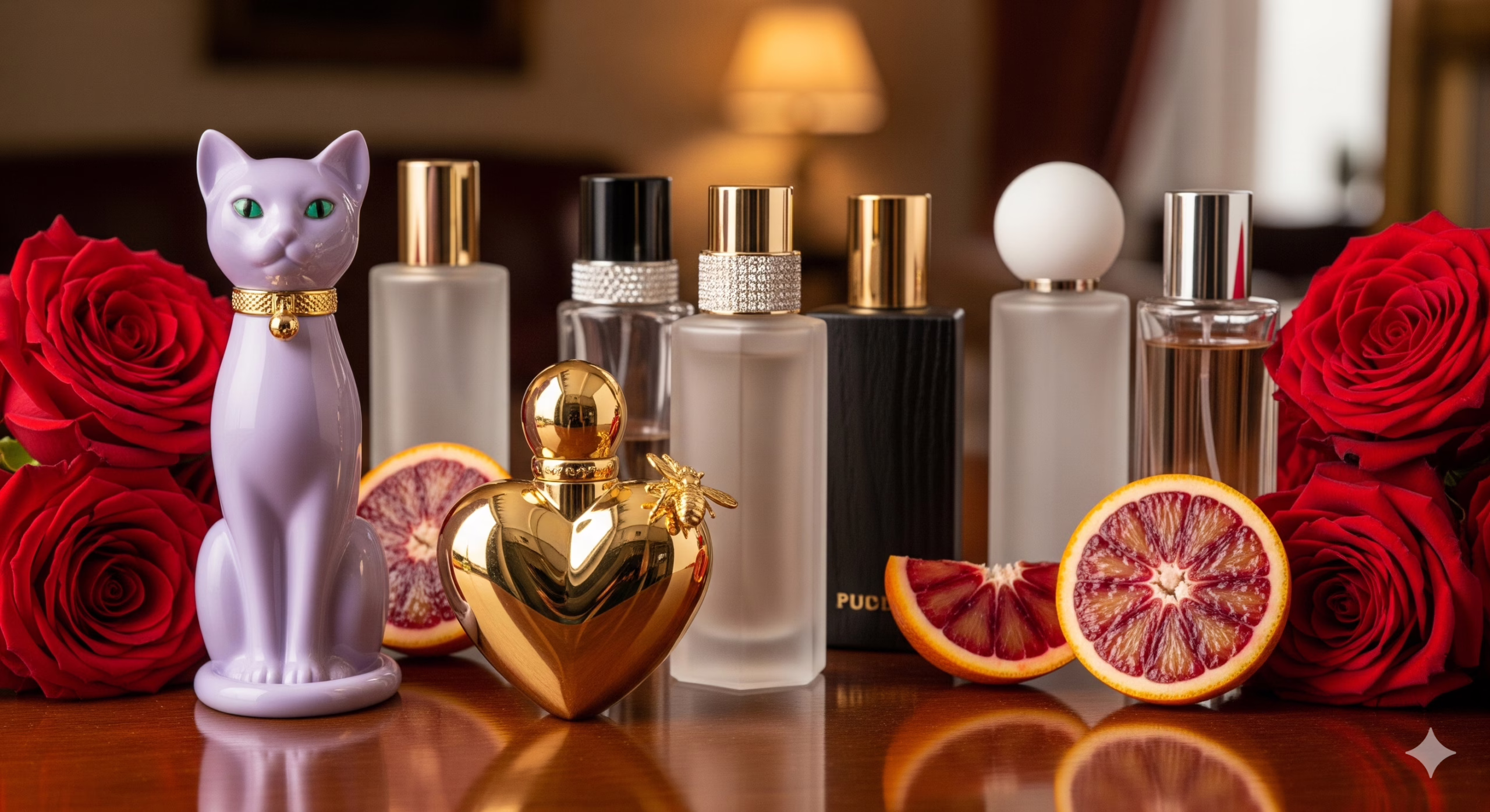 A collection of eight luxury natural perfume bottles, including the purple cat-shaped Katy Perry Meow! and a golden heart-shaped bottle, arranged on a wooden table with fresh red roses and sliced blood oranges.