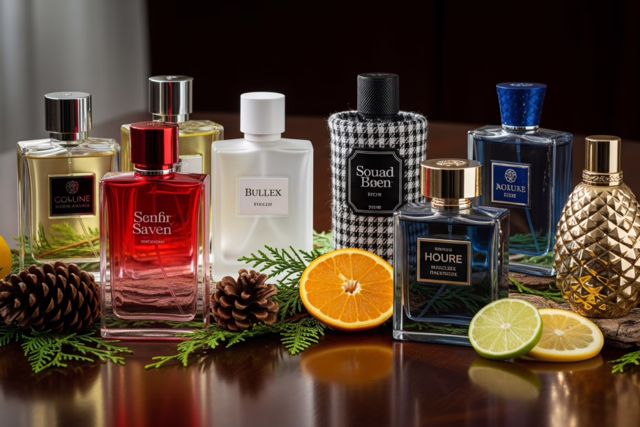 A collection of 8 luxury natural perfumes for men displayed on a dark wooden table with cedarwood branches, pine cones, and fresh citrus slices to represent long-lasting organic ingredients.