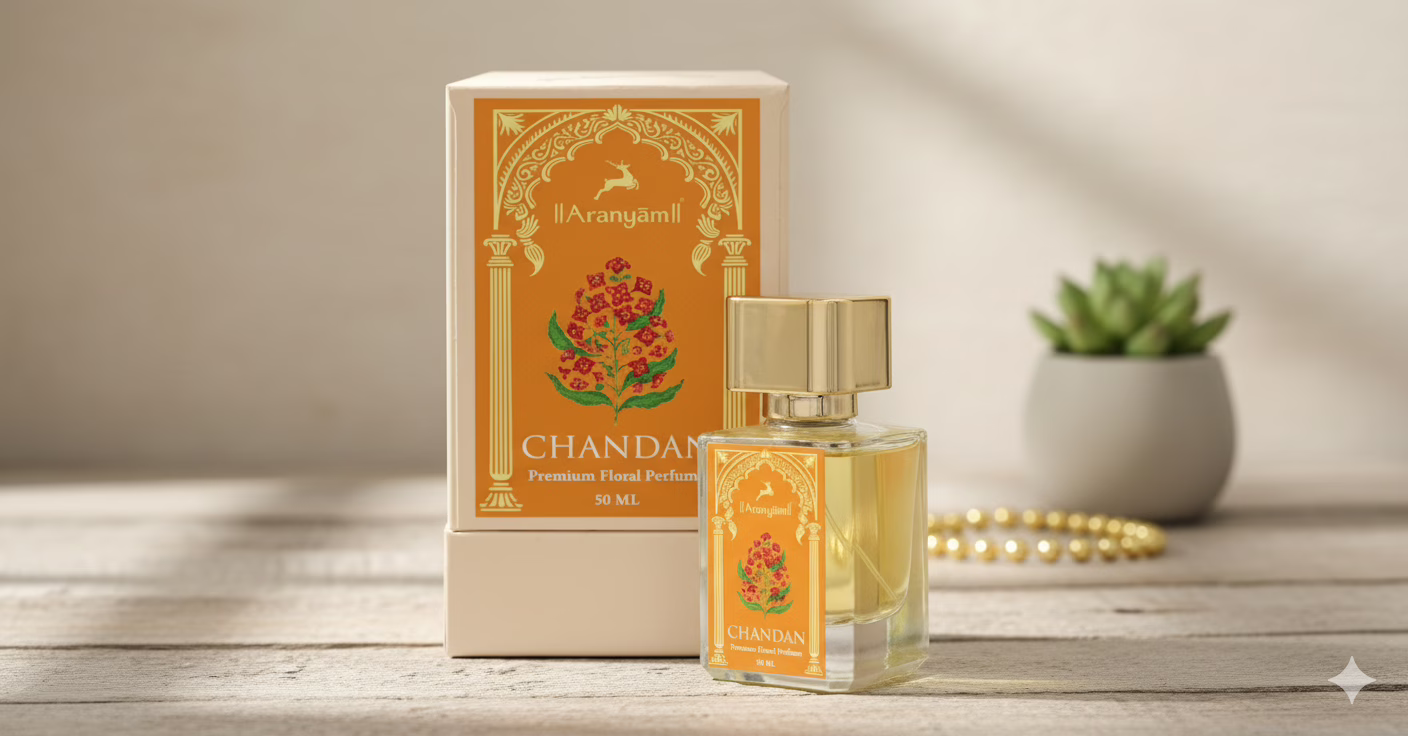 Aranyam Natural Sandal Perfume Intense Unisex, a long-lasting woody Chandan (Sandalwood) fragrance for men and women.