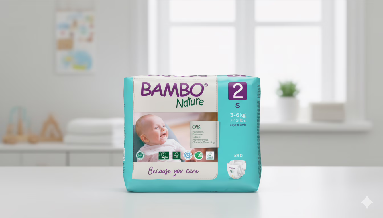 Bambo Nature Premium Small Size Tape Diapers (3-6 Kgs), super soft, breathable, and dermatologically tested for sensitive baby skin.