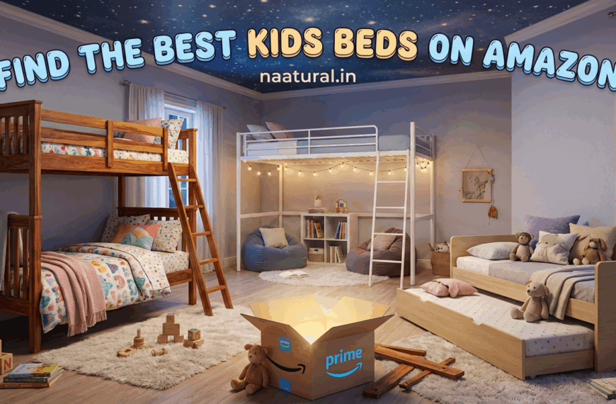 A brightly lit children's bedroom featuring various types of kids' beds, including a bunk bed, a loft bed with a seating area, and a daybed with a trundle, all available on Amazon. An Amazon Prime box is open in the foreground, and the text "FIND THE BEST KIDS BEDS ON AMAZON" is at the top.