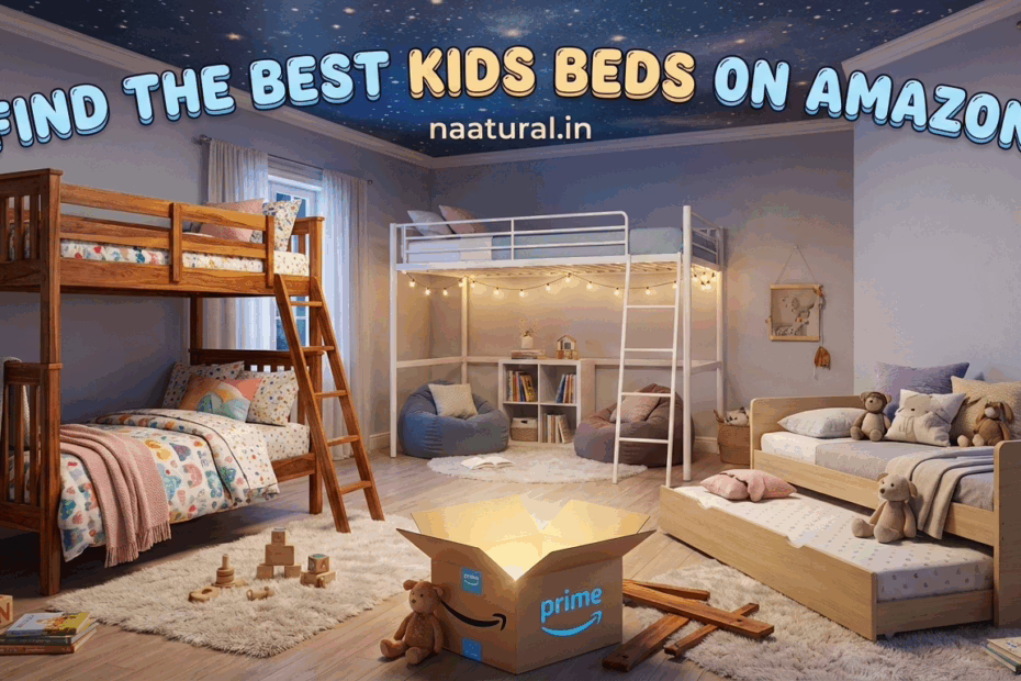 A brightly lit children's bedroom featuring various types of kids' beds, including a bunk bed, a loft bed with a seating area, and a daybed with a trundle, all available on Amazon. An Amazon Prime box is open in the foreground, and the text "FIND THE BEST KIDS BEDS ON AMAZON" is at the top.