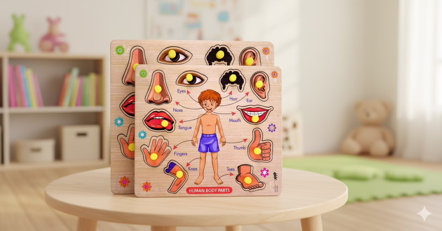 A colorful wooden human body parts puzzle board, featuring large, safe jigsaw pieces of the skeleton, organs, and muscles. Toddler learning toy for kids aged 2-5 years that builds basic anatomy knowledge and fine motor skills.