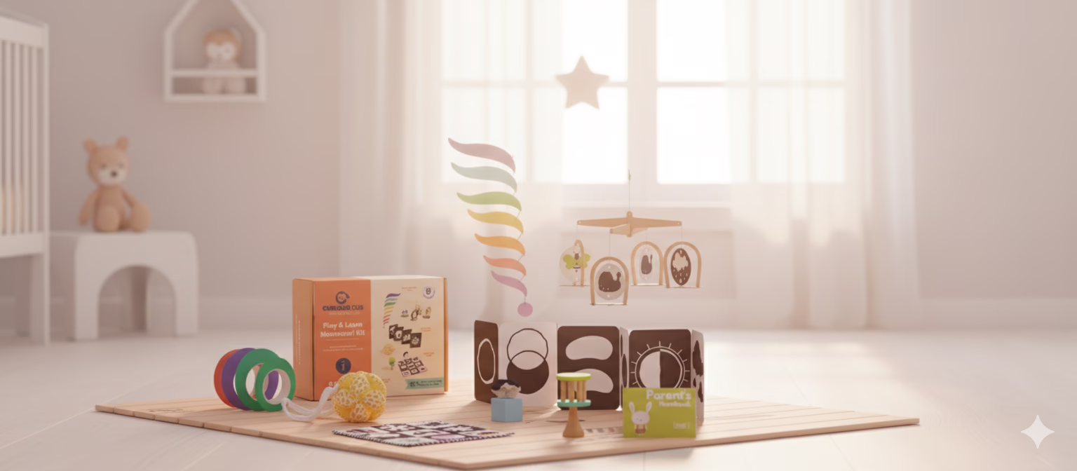 A detailed flat lay of the Curious Cub 9-piece Montessori toy set for newborns (0-3 months), featuring a wooden rattle, high-contrast two-sided mobile, crinkle mat, grasping toys, and black and white flashcards. Toxin-free sensory toys for early child development.
