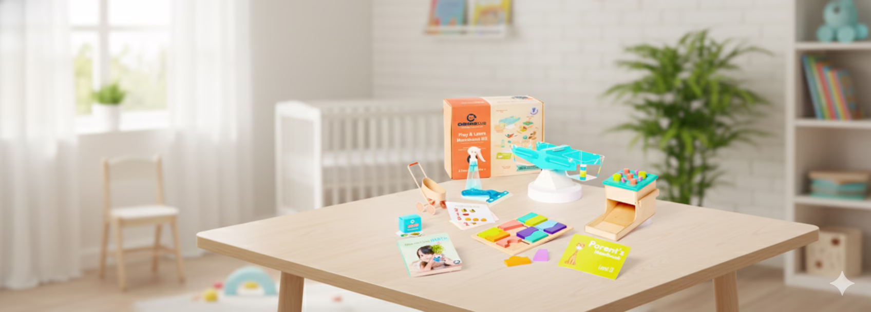 A comprehensive Curious Cub Montessori Playset Bundle for children 2.5 years and up, featuring a wooden balance scale, toddler cleaning set, peg drop box, and a 2-part geometry puzzle. Educational wooden toys that teach STEM concepts and boost fine motor skills.