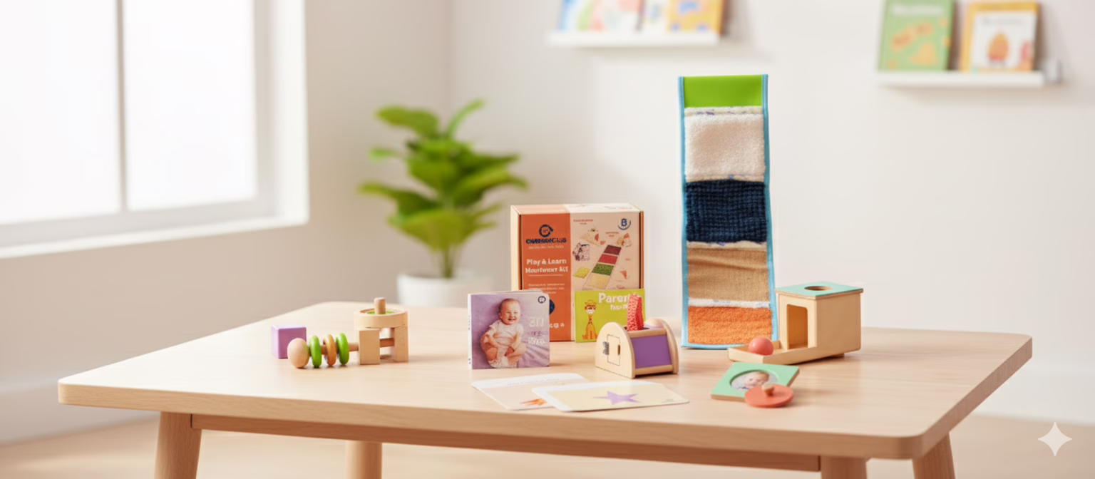 A detailed flat lay of the Curious Cub Montessori Ultimate Play Set for babies 7+ months, highlighting the wooden object permanence box, sensory mat, 'Parts of Me' book, and shape puzzle. Toxin-free toddler toys for enhanced fine motor skills.