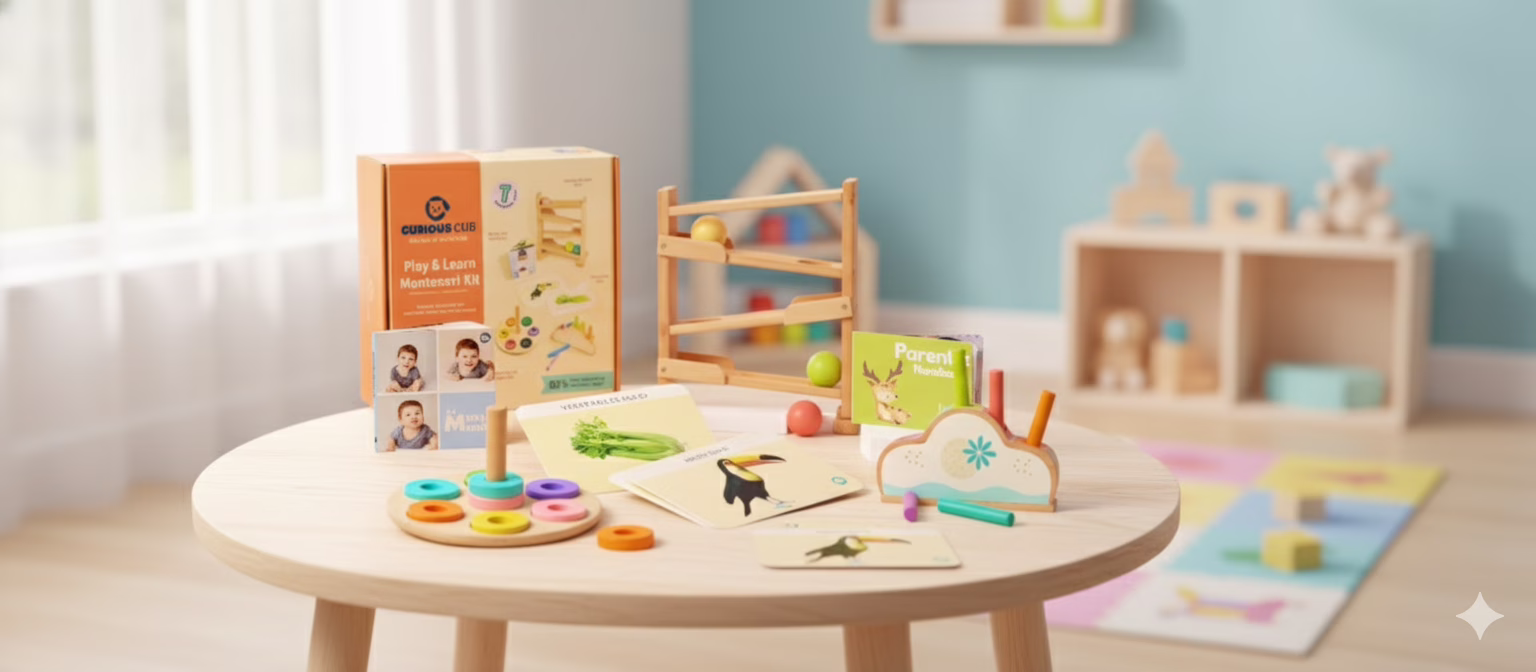 A colorful Curious Cub Montessori Ultimate Play Set for 1+ year olds, featuring a wooden ball tracker, pop-up pegs, flexible ring stacker, and "My Many Moods" flashcards. Toxin-free wooden toys that develop fine motor skills and pincer grasp.