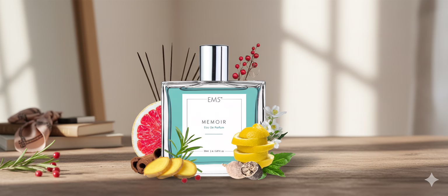 EM5 Memoir EDP Unisex Perfume, a strong, long-lasting, non-toxic citrus woody spray for men and women.