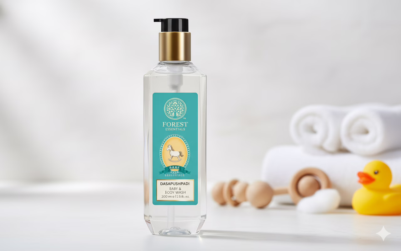 Forest Essentials Ayurvedic baby wash with mild cleansers for easy rinsing and soft skin, featuring Aloe Vera and Genhu.