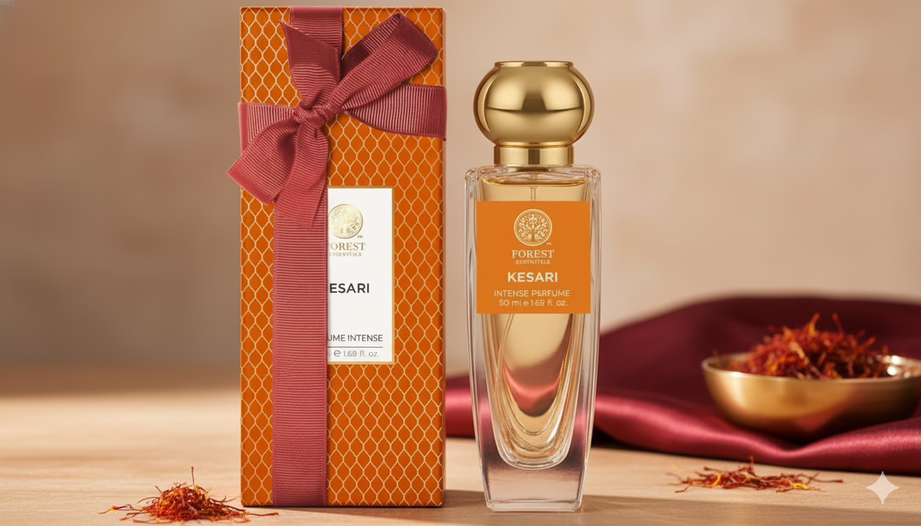 Forest Essentials Intense Perfume Kesari (Lime Saffron & Oudh blend), an Ayurvedic non-toxic fragrance that lasts all day.