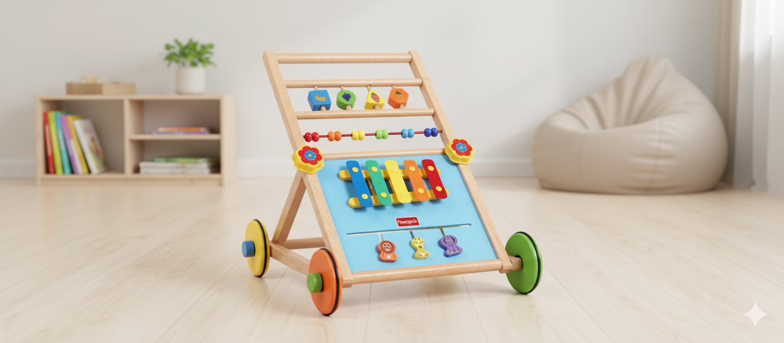 The Giggles Funskool wooden activity walker featuring a built-in xylophone, spinning shape blocks, an animal maze, and counting beads. This safe wooden walker with rubber wheels provides walking support and sensory development for babies 9 months and older.