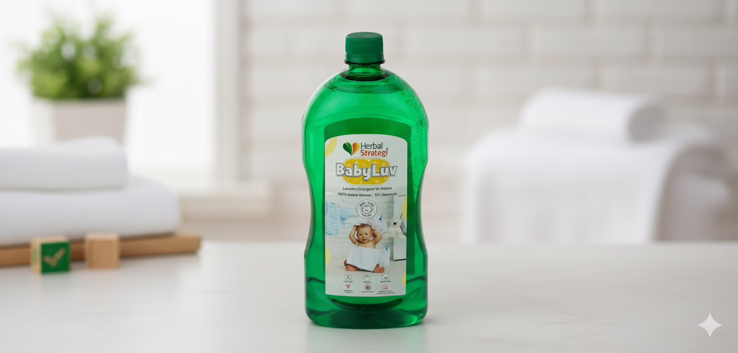 Herbal Strategi BabyLuv Laundry Liquid Detergent 1L, made with 100% herbal actives like Lemon Oil and Soap Nut, safe for sensitive baby skin.