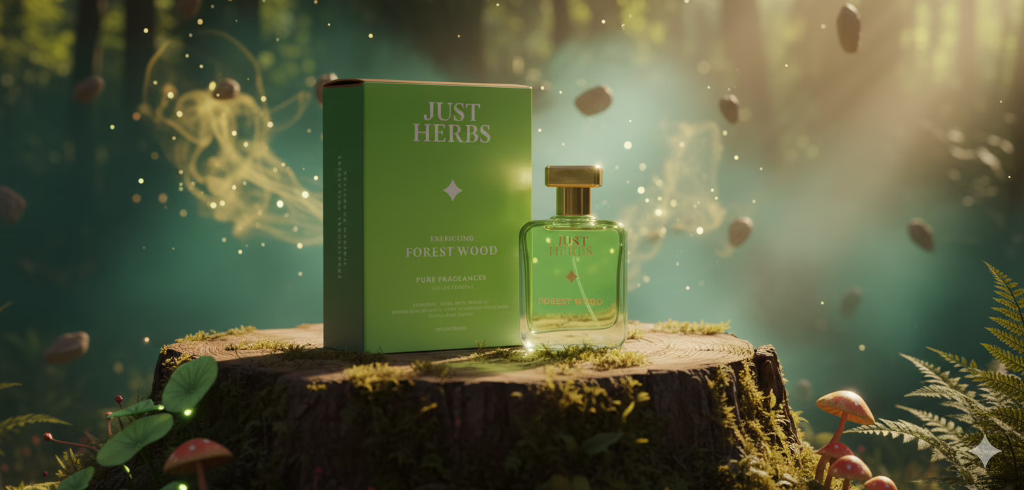 Just Herbs Energising Forest Wood Eau De Parfum (50ml), a long-lasting unisex body spray and non-toxic fragrance.