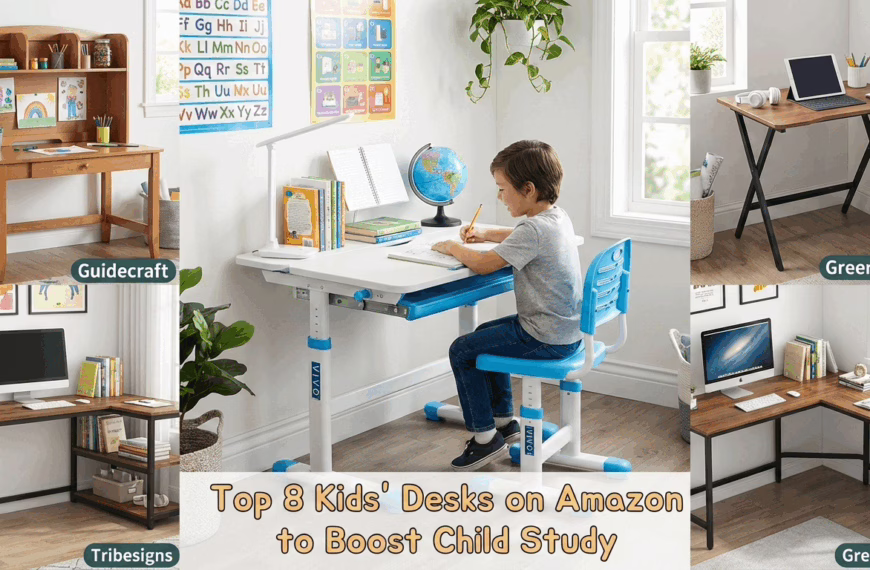 Collage of various kids' desks from Amazon, including Guidecraft, GreenForest, and Tribesigns models, with a central image of a child studying at a blue adjustable VIVO desk. The title "Top 8 Kids' Desks on Amazon to Boost Child Study" is overlaid.