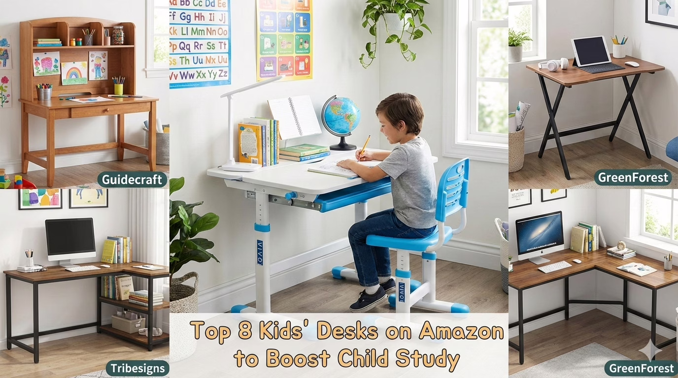 Collage of various kids' desks from Amazon, including Guidecraft, GreenForest, and Tribesigns models, with a central image of a child studying at a blue adjustable VIVO desk. The title "Top 8 Kids' Desks on Amazon to Boost Child Study" is overlaid.