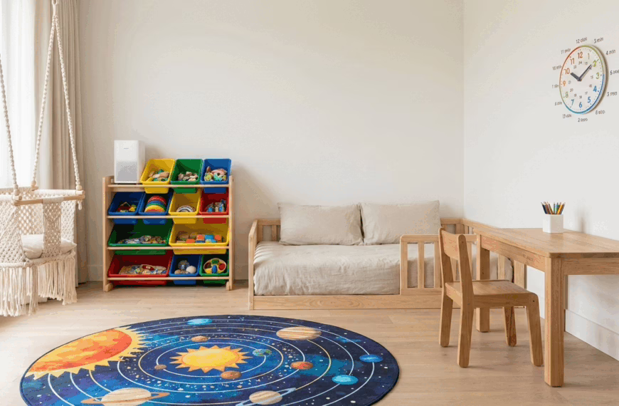 Minimalist Montessori children's bedroom featuring a wooden floor bed, solar system rug, macrame swing, and organized toy storage for an independent learning environment.