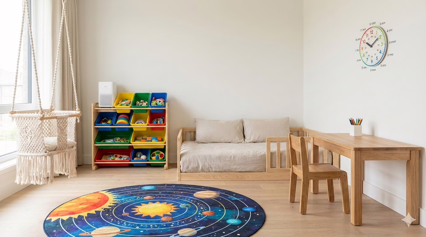 Minimalist Montessori children's bedroom featuring a wooden floor bed, solar system rug, macrame swing, and organized toy storage for an independent learning environment.