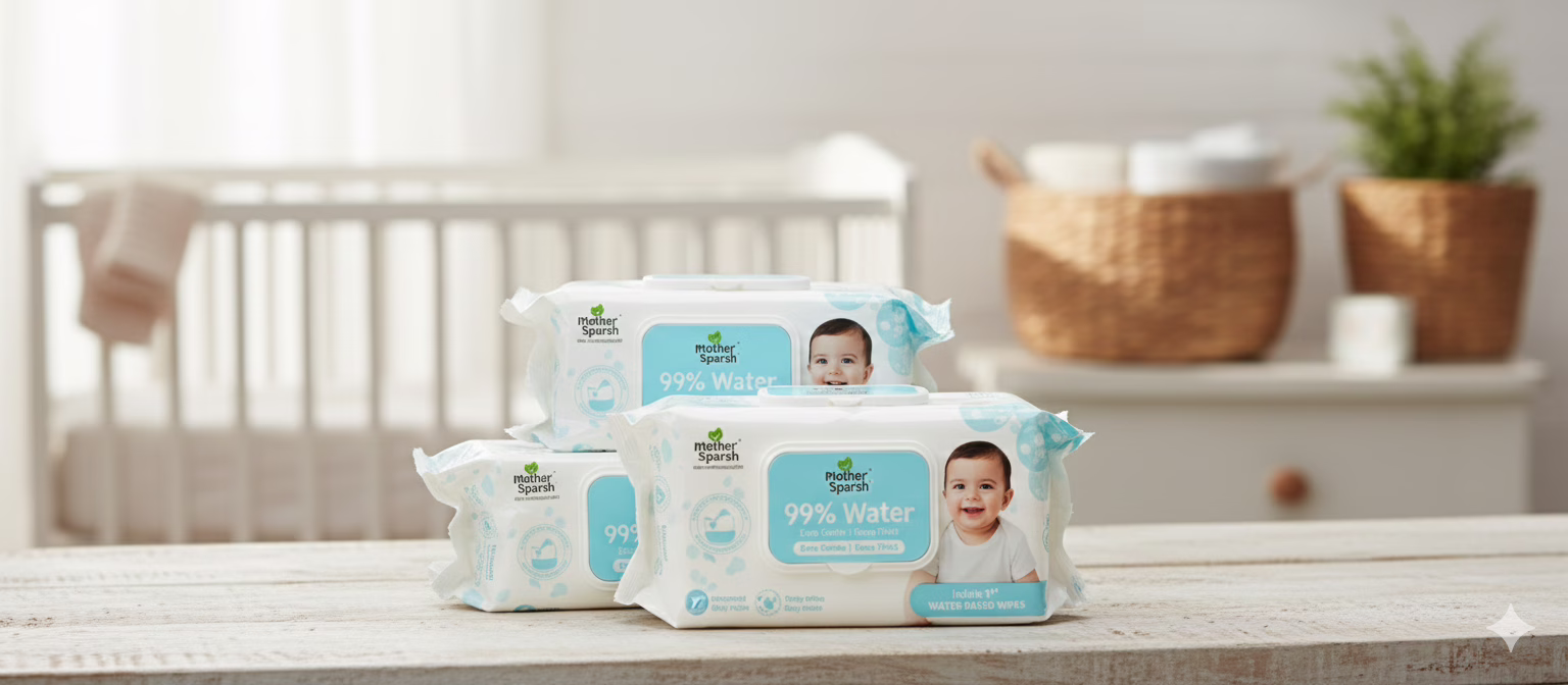 Mother Sparsh 99% Pure Water Baby Wipes (Unscented, 72pcs/Pack x 3), made from natural plant-based cloth, super thick and hydrating for sensitive skin.