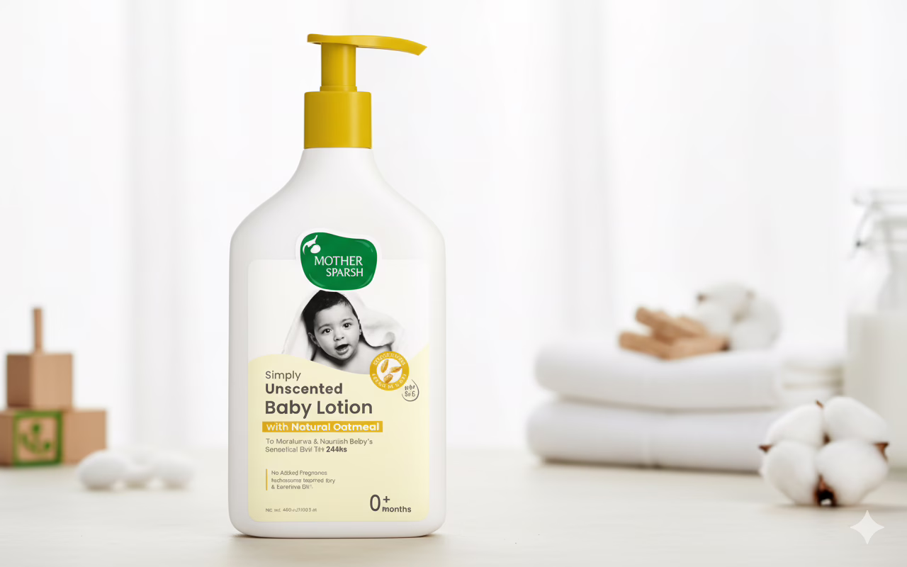 Mother Sparsh Simply Unscented Baby Lotion 400ml with Natural Oatmeal for 24hr protection against dry, sensitive skin.