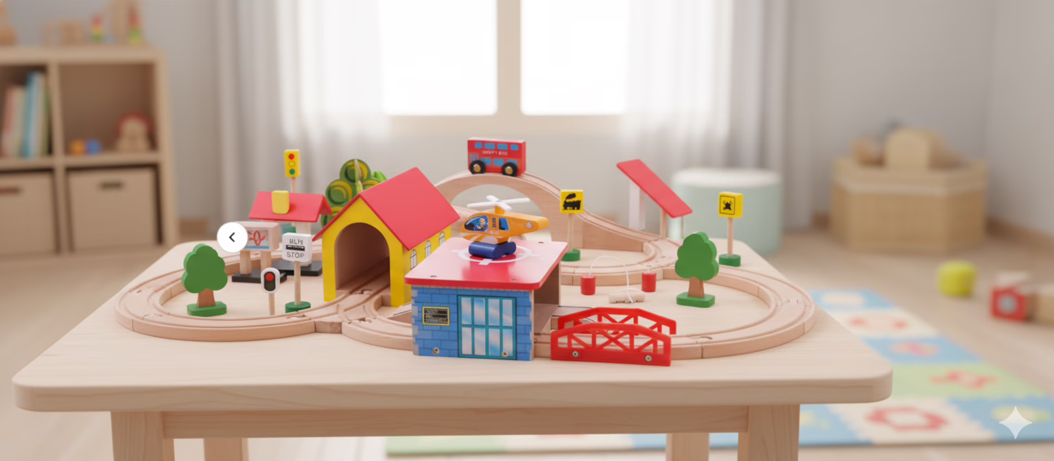 A large 69-piece Beech Wood Train Track Set laid out to show the tracks, three magnetic toy trains, helicopter, and three wooden vehicles. This non-toxic wooden toy encourages open-ended track building and develops fine motor skills for kids aged 3 to 12 years.