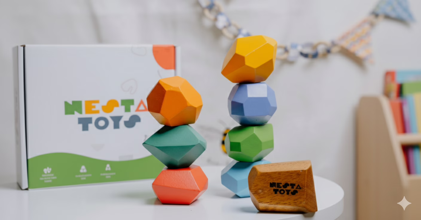 A colorful set of NESTA TOYS Wooden Balancing Stones arranged in a delicate stack, demonstrating the challenging balance play. Educational Montessori toys for children 2+ years that develop fine motor skills and spatial awareness.