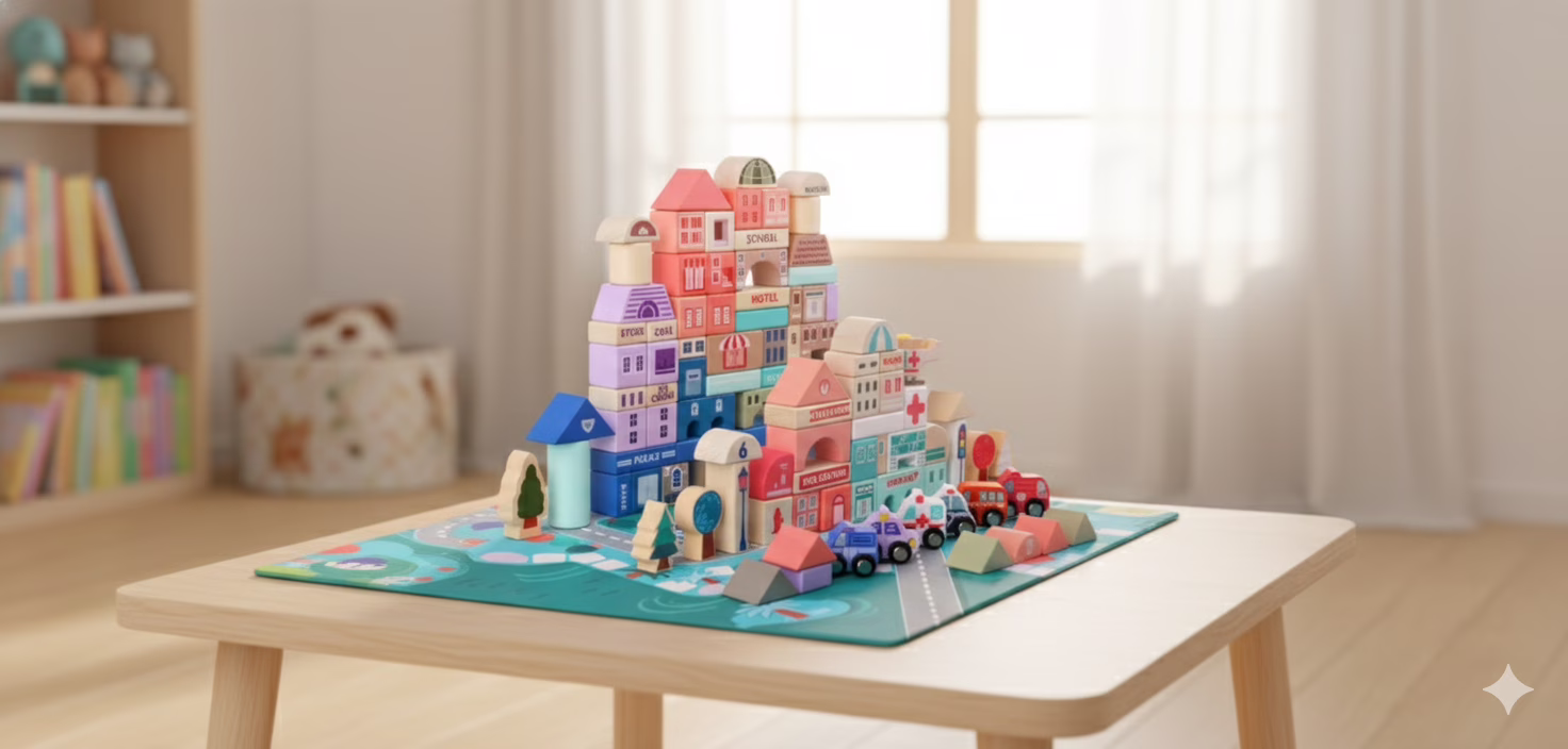 A vast 115-piece Wooden City Building Blocks set spread out on a floor, showing various blocks shaped like a school, police station, and library, alongside alphabet letters and numbers. This portable, high-quality wooden toy is ideal for creative city building and developing spatial reasoning in kids 3+ years.