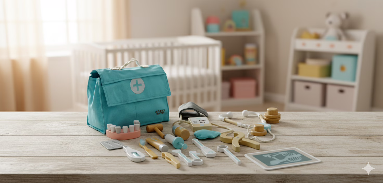 A detailed flat lay of the 18-piece Wooden Doctor Role Play Set, featuring a canvas bag, stethoscope, syringe, and a dental model with removable decayed teeth. Role playing toy for kids 3+ years that teaches good oral hygiene and fine motor skills.