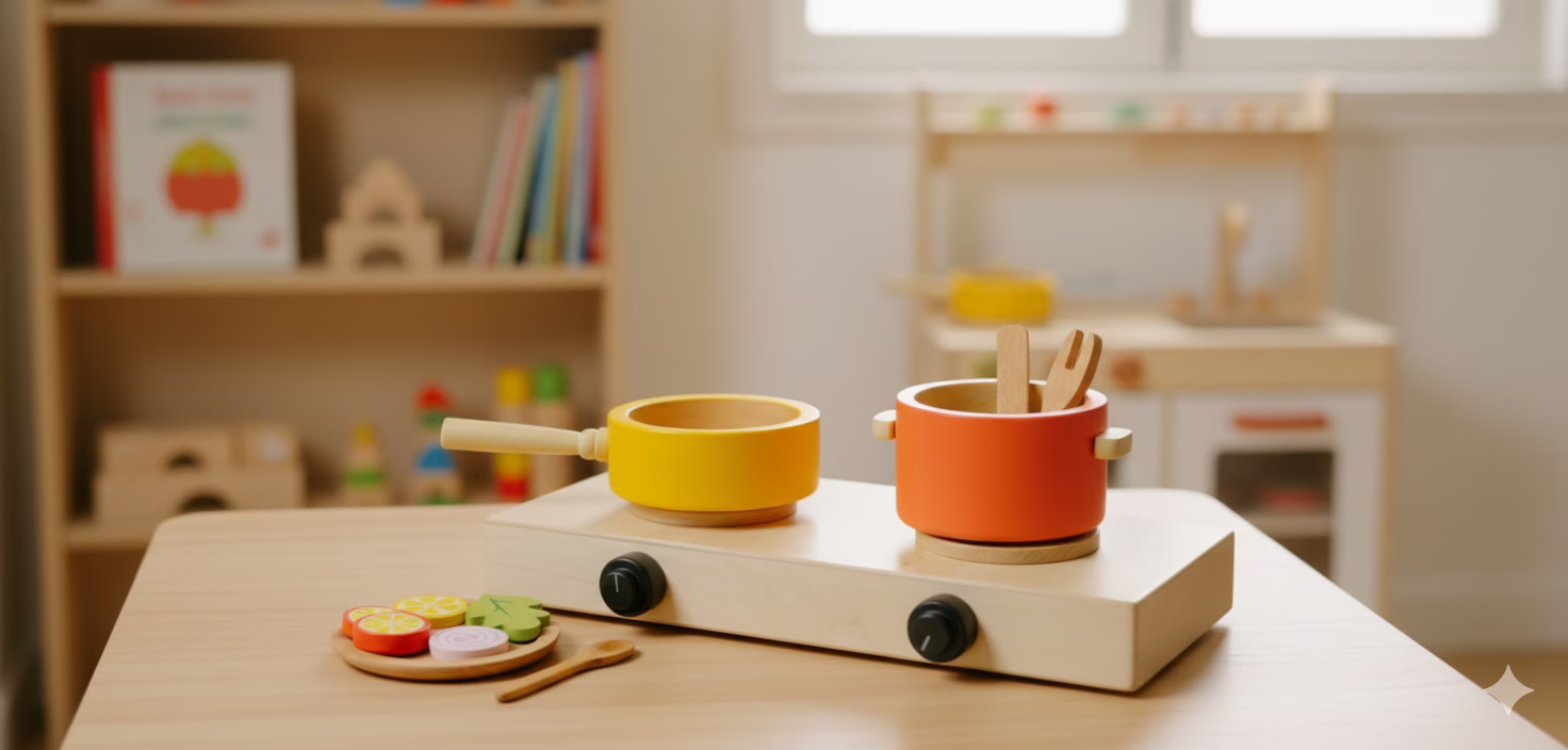 The NESTA TOYS Wooden Kitchen Set featuring a realistic wooden gas stove toy, frying pan, cooking pot, spoon, plate, and cuttable wooden vegetables. Educational cooking toy for children aged 3-6 years that promotes creative role-play and social skills.