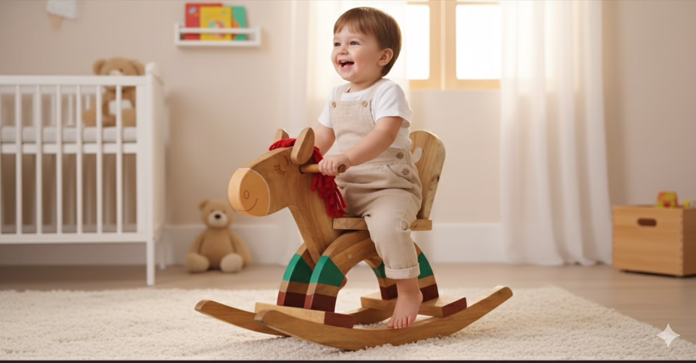 A handcrafted Neem Wood Rocking Horse with an elegant design and cute look, decorated with non-toxic water-based paints. The rocking horse features a smooth surface and rounded edges for 1 to 5 year old kids, highlighting the wood's natural anti-bacterial properties.