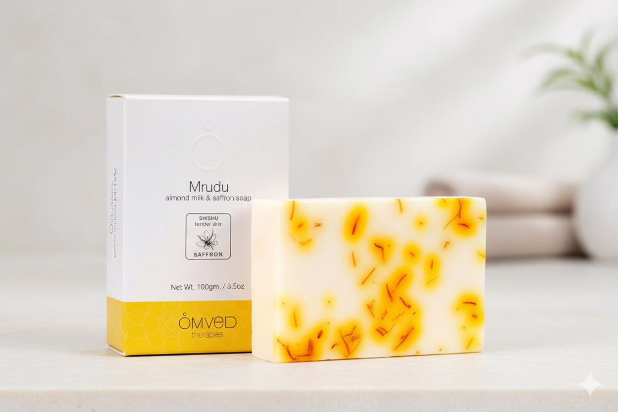 Omved MRUDU Ayurvedic Baby Soap bar with Saffron and Almond Milk, featuring cold-pressed oils for moisturizing baby skin.