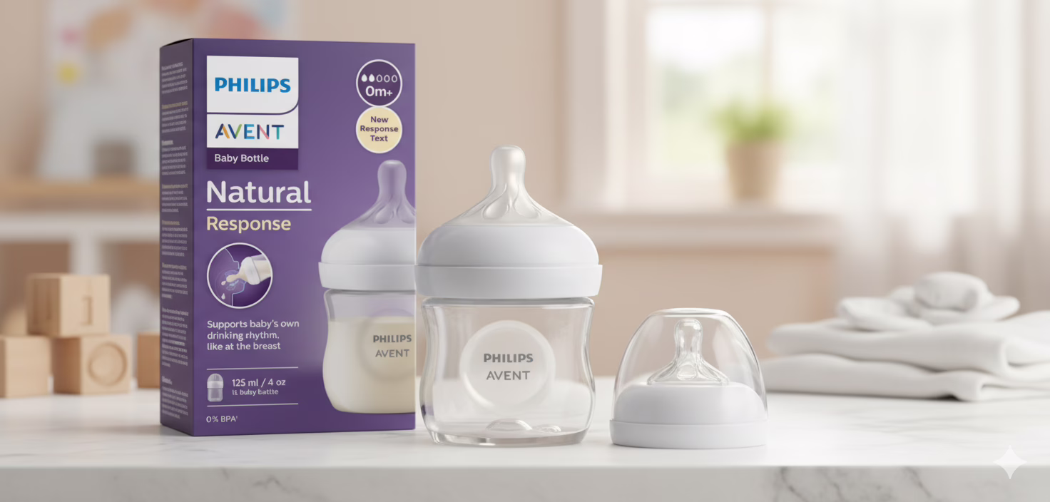 Philips Avent Natural Plastic Feeding Bottle with Natural Response Nipple technology that mimics breastfeeding, ideal for 0 months+ with anti-colic valve.