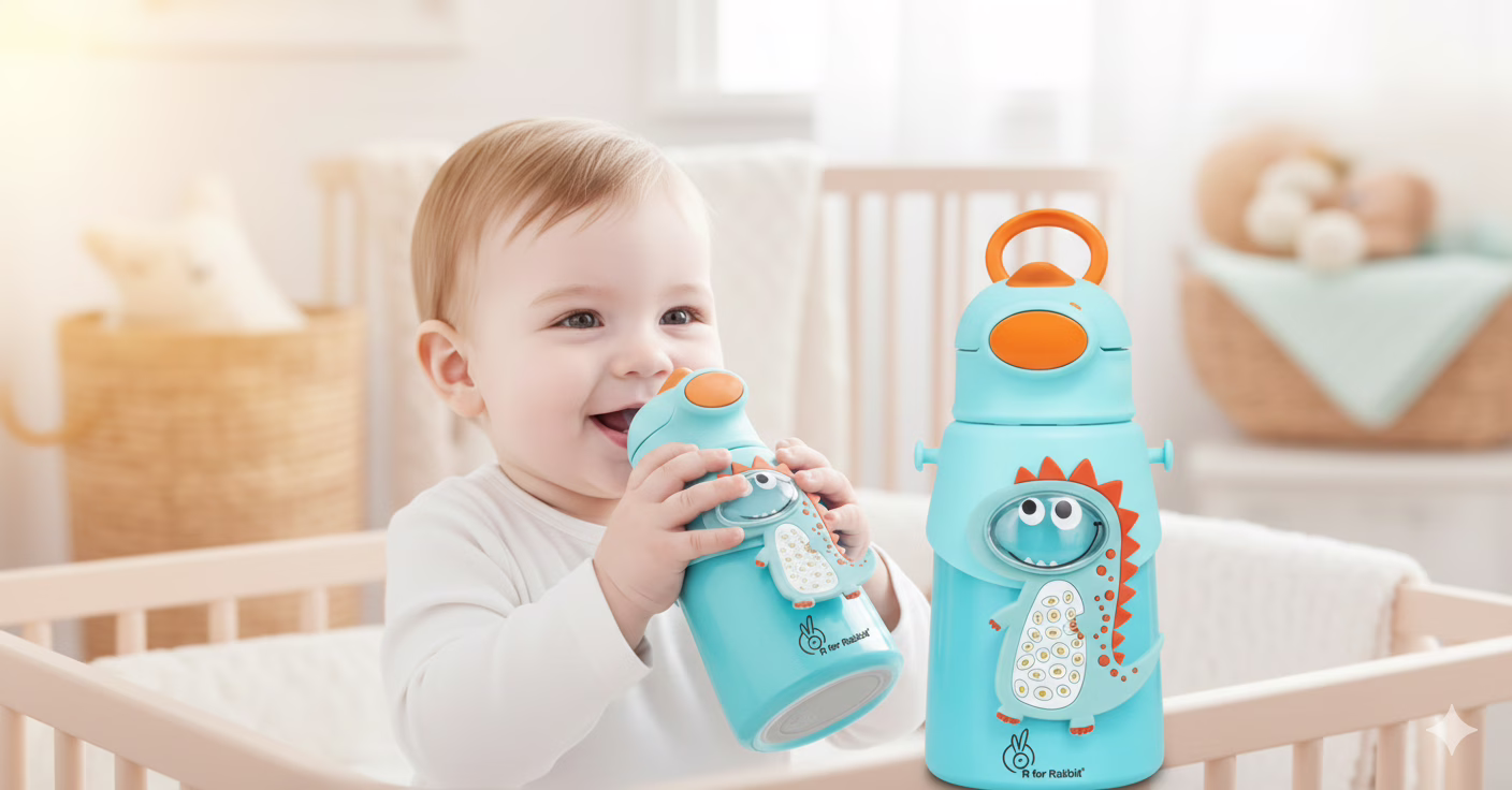 R for Rabbit Steebo Zoobie 550ml Stainless Steel Water Sipper with soft, BPA-free silicone straw and adjustable strap for kids 12+ months.