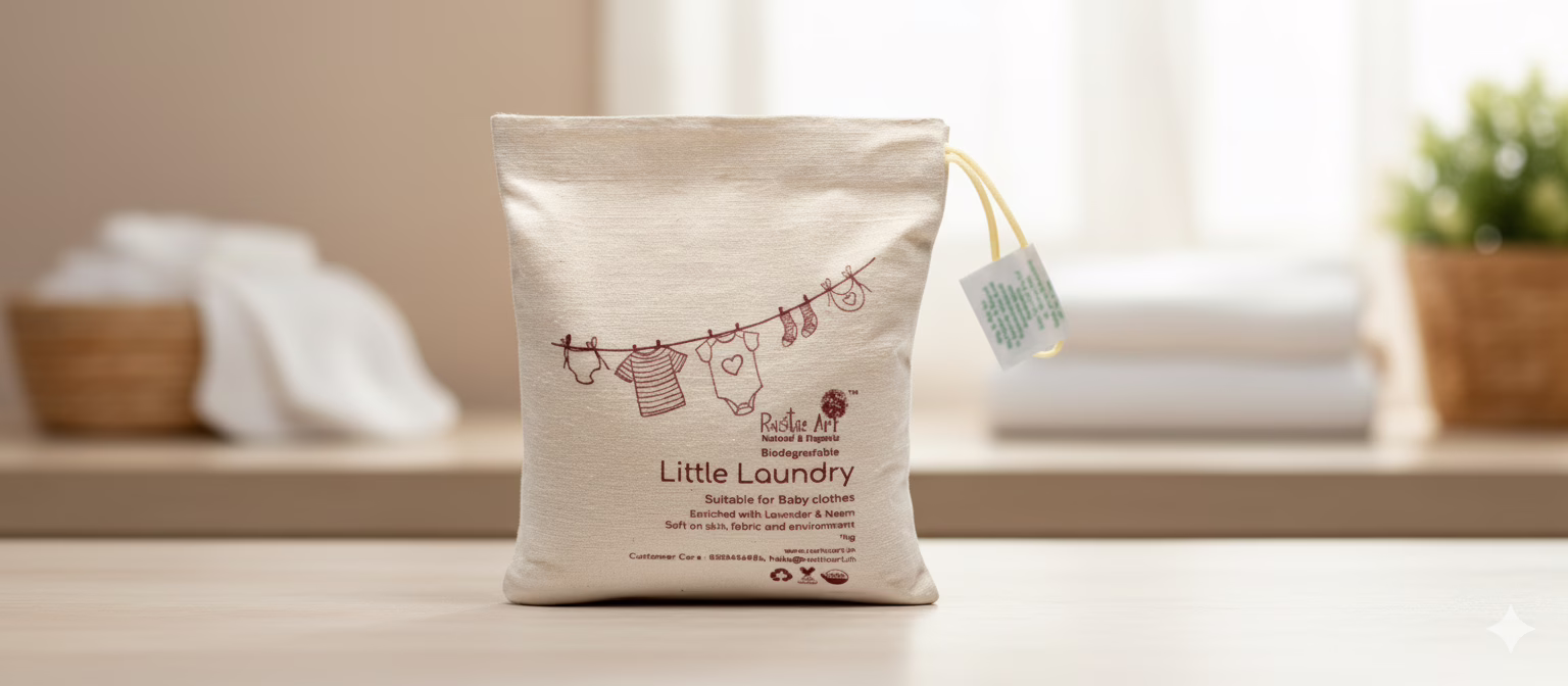 Rustic Art Natural Little Laundry Powder (1 Kg) with Neem and Coconut Oil, providing rash protection and an extra gentle, hypoallergenic clean for baby clothes.