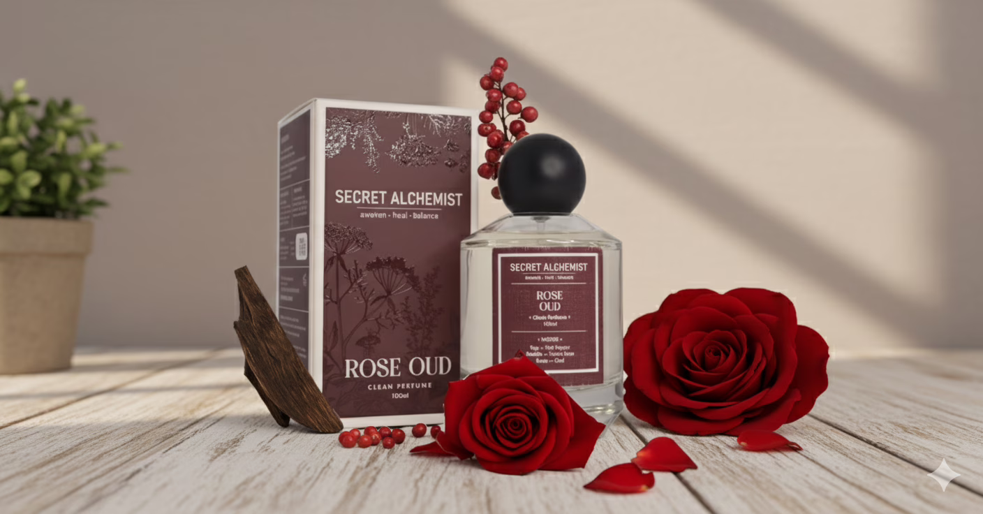 Secret Alchemist Rose Oud Eau de Parfum (100ml), a clean, long-lasting luxury unisex EDP with Rose, Oud, and Pink Pepper notes.