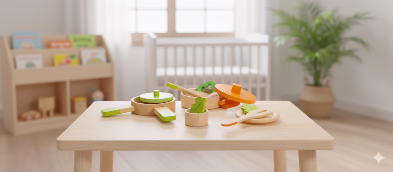 A colorful 16-piece wooden kitchen set for 3+ year old girls and boys, featuring an eco-friendly pot, pan, ladle, and cuttable wooden vegetables. Non-toxic, durable wooden toys that encourage imaginative play and fine motor skills.