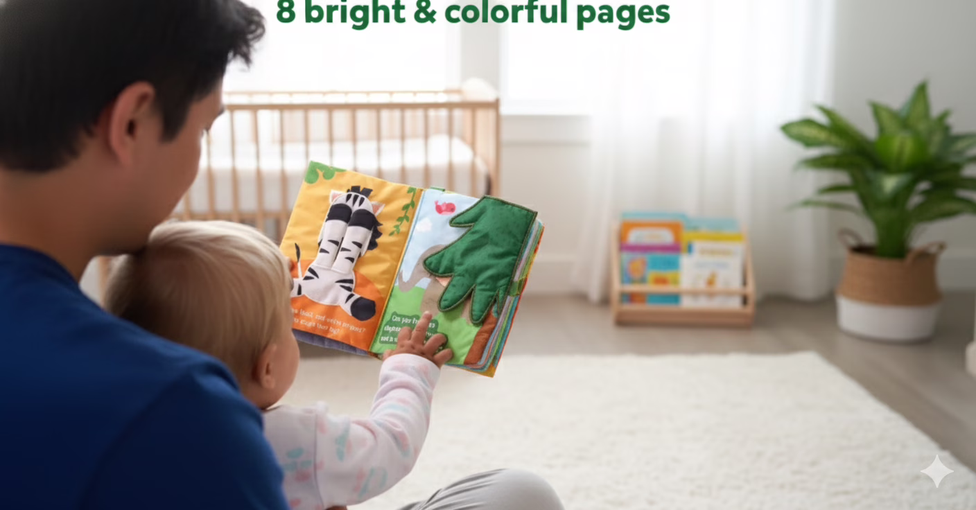The Skillmatics Peek-A-Boo! I See You! soft cloth book open to a page with a textured flap hiding a jungle animal. This sensory book for babies 6 months and up features bright colors, crinkle pages, and a hanging strap for on-the-go learning.