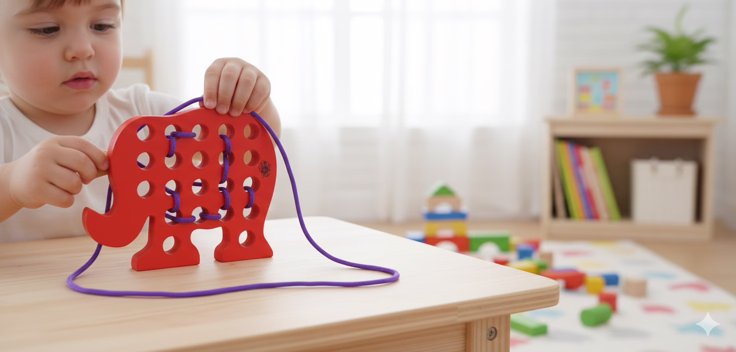 A child's hand interacting with a colorful wooden elephant lacing toy, threading the lace through the holes. This Montessori-inspired toy is designed to develop fine motor skills, hand-eye coordination, and basic stitching for toddlers.