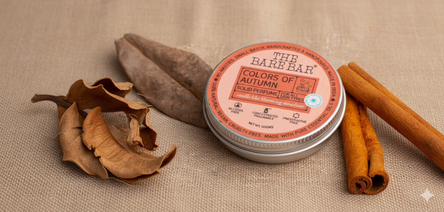 The Bare Bar Colors of Autumn Solid Perfume (50gm) for men and women, a natural, chemical-free fragrance balm.