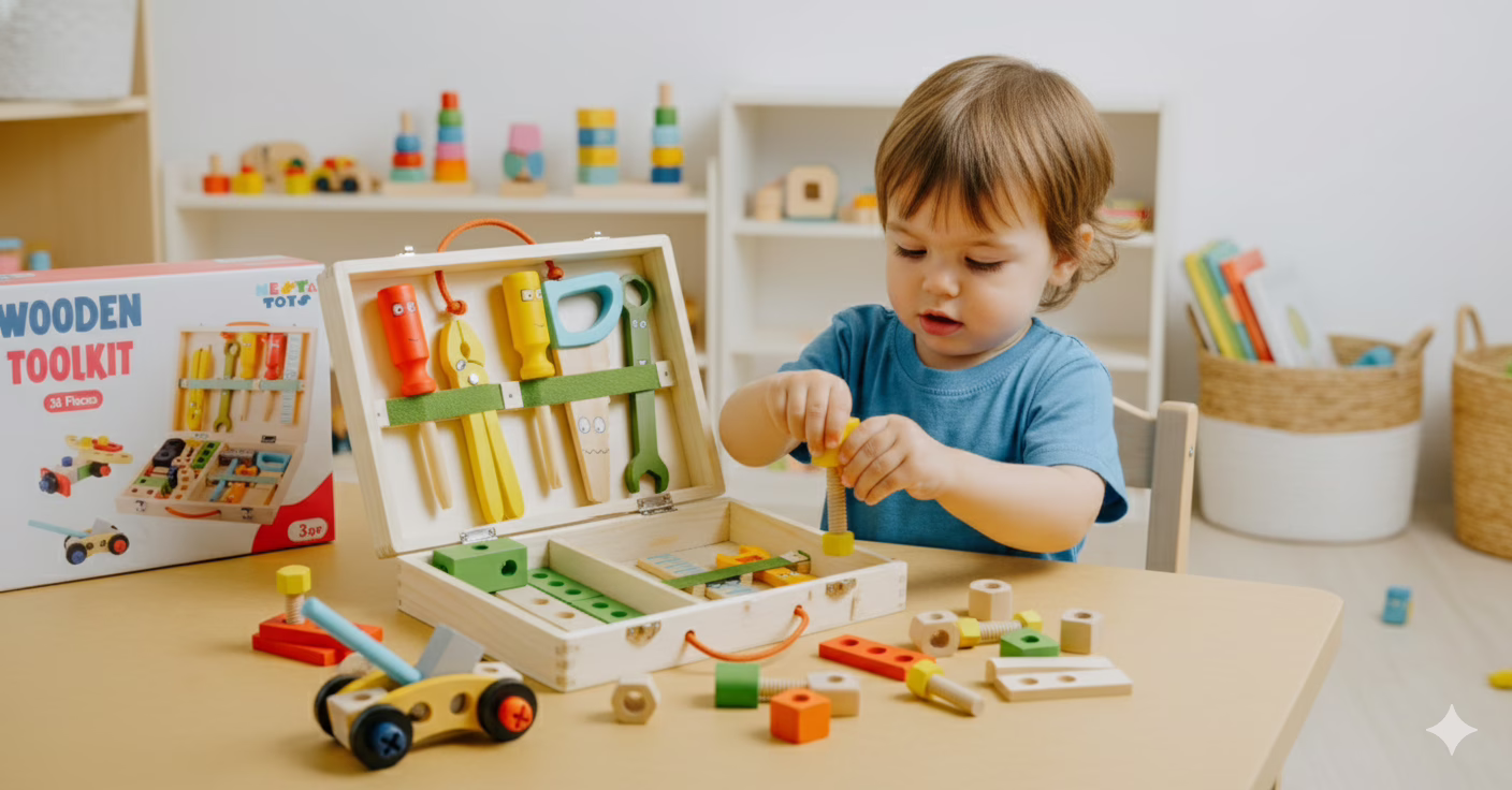 A colorful 33-piece Wooden Tool Kit for kids, featuring a portable toolbox with a wrench, hammer, screwdriver, bolts, and nuts. This Montessori-style toy promotes fine motor skills and problem-solving through creative construction play.