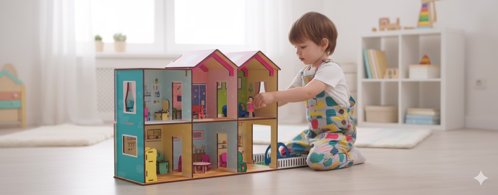 A large, colorful DIY wooden doll house (63cm x 36cm) with movable furniture and accessories. This strong wood toy encourages imaginative play, custom decoration, and promotes a habit of organization for children 3 years and up.