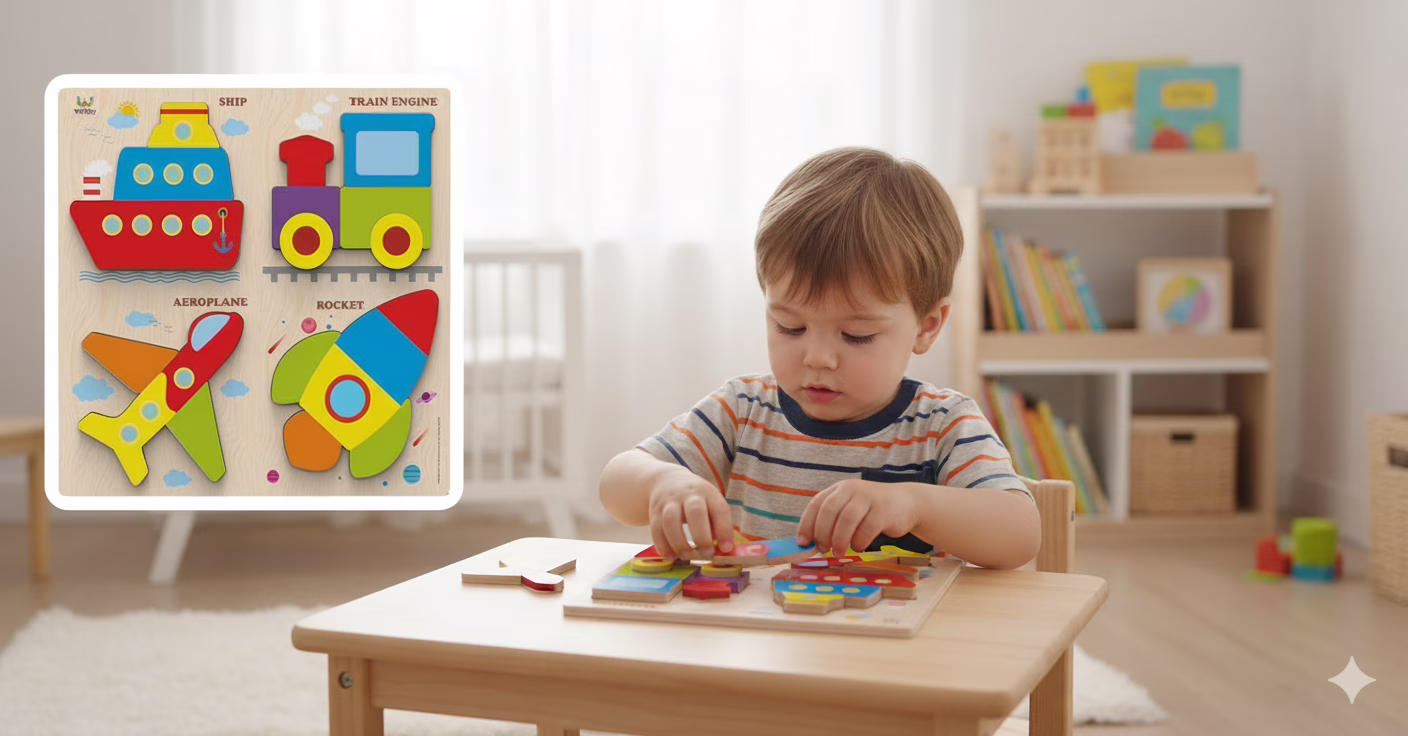 A colorful Webby Educational wooden transport puzzle for toddlers 2+ years, featuring a train, car, and plane. The large, non-angular puzzle pieces are ideal for small hands, boosting fine motor skills and vehicle recognition.