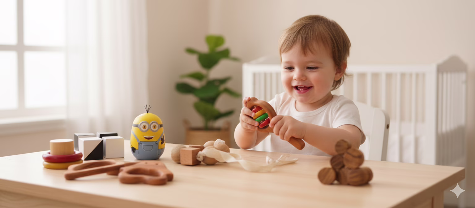 A collection of handcrafted wooden baby teethers and rattles, including flower and penguin shapes, beads, and cubes. Natural, organic, and non-toxic wooden toys for Montessori-inspired sensory and motor skill development.