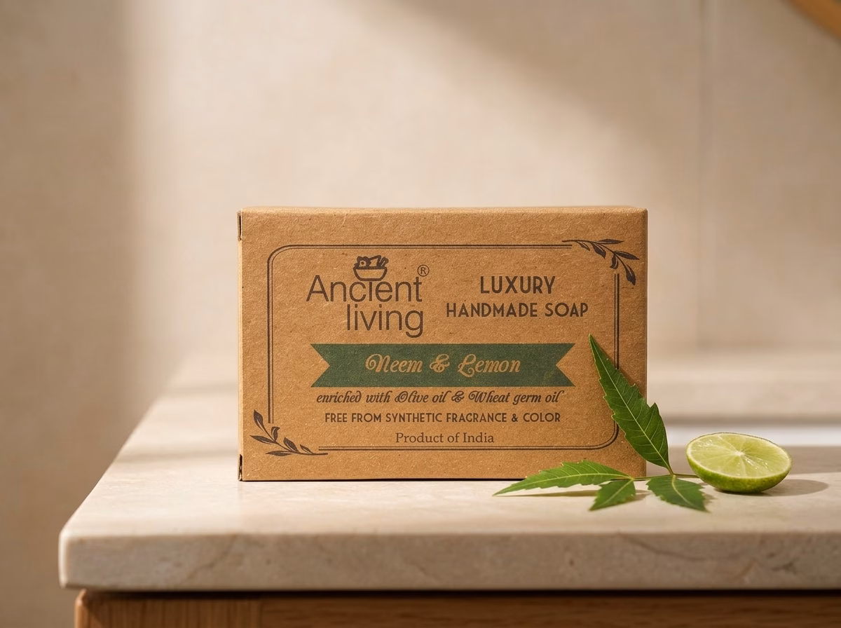 Ancient Living soap bar photographed on a pale stone surface, featured in a guide to the best chemical free soap in India